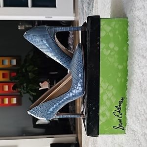 Sam Edelman Blue Croc Embossed 4in Square Toe Pumps